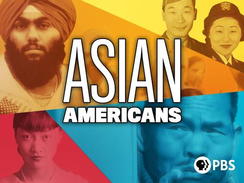 ASIAN AMERICANS in bold letters, with Asian people in the background of different colors 