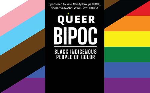 Queer BIPOC in rainbow background