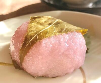 Pink-colored sticky rice ball wrapped in a soft green leaf